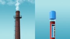 Diptych illustration of a factory chimney emitting smoke alongside a test tube filled with blood