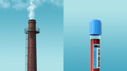 Diptych illustration of a factory chimney emitting smoke alongside a test tube filled with blood