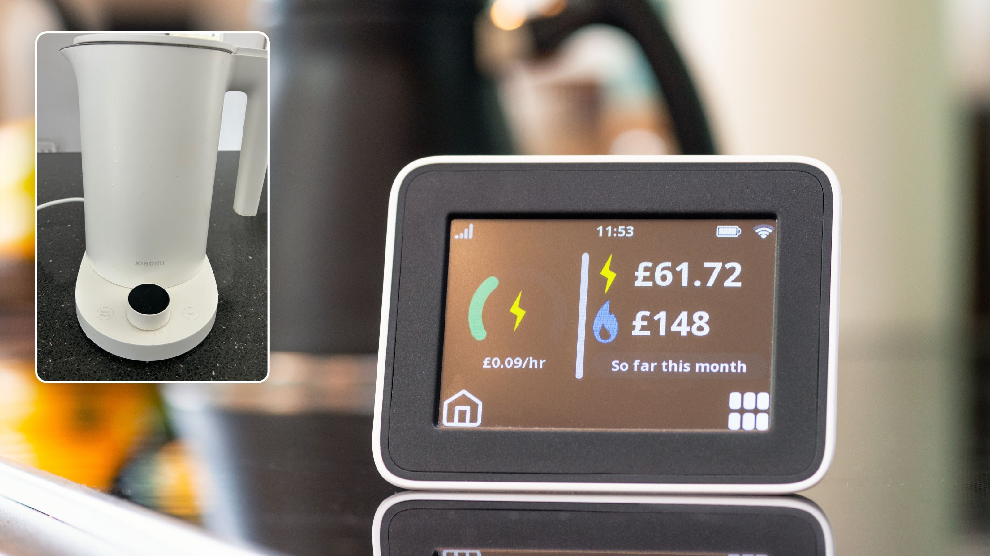Xiaomi smart kettle overlaid on a picture of a smart energy meter in a kitchen with a black and copper kettle in the background