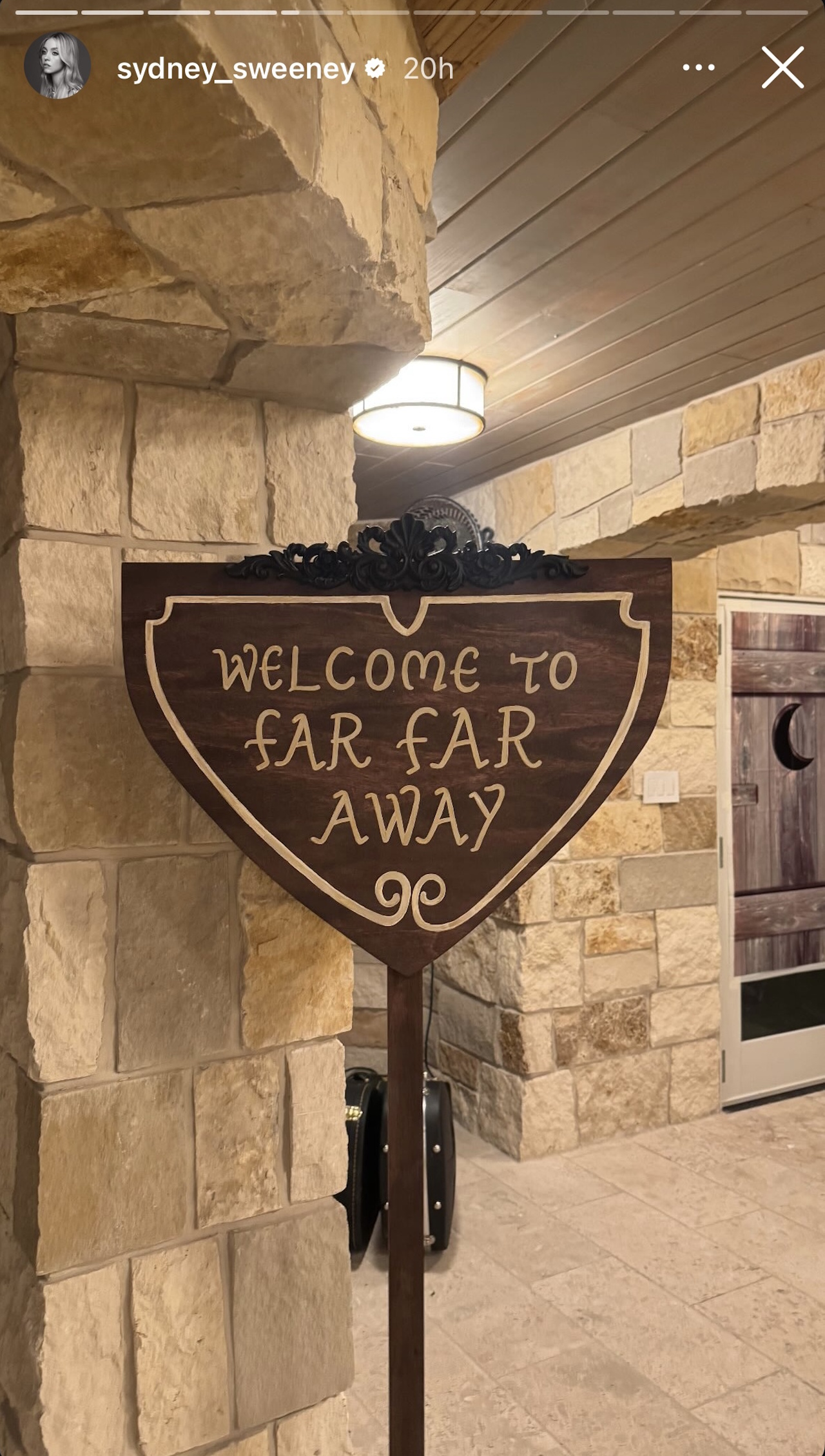 A sign that reads &amp;quot;Welcome to Far Far Away&amp;quot; is shown at Sydney Sweeney&#039;s Shrek-themed Friendsgiving party.