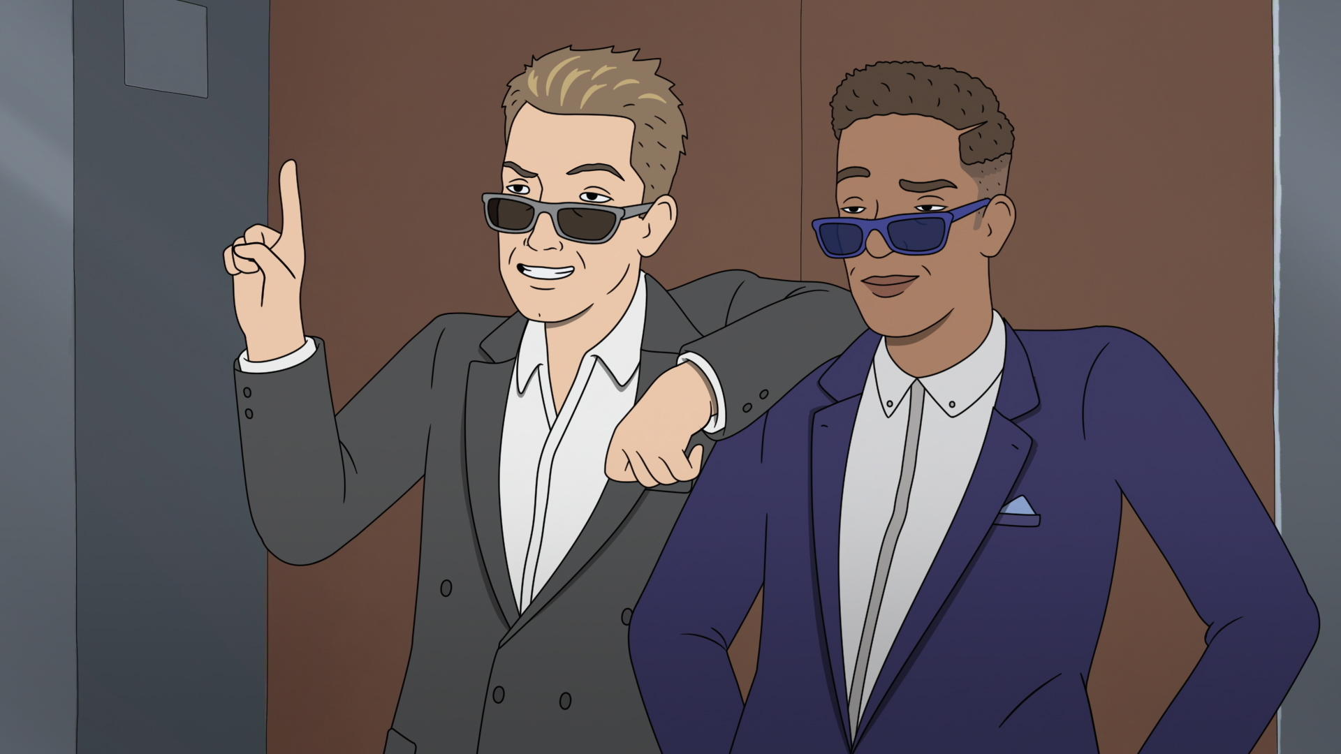 Joel McHale as Pringus and Ikechukwu Ufomadu as Bench in Strip Law.