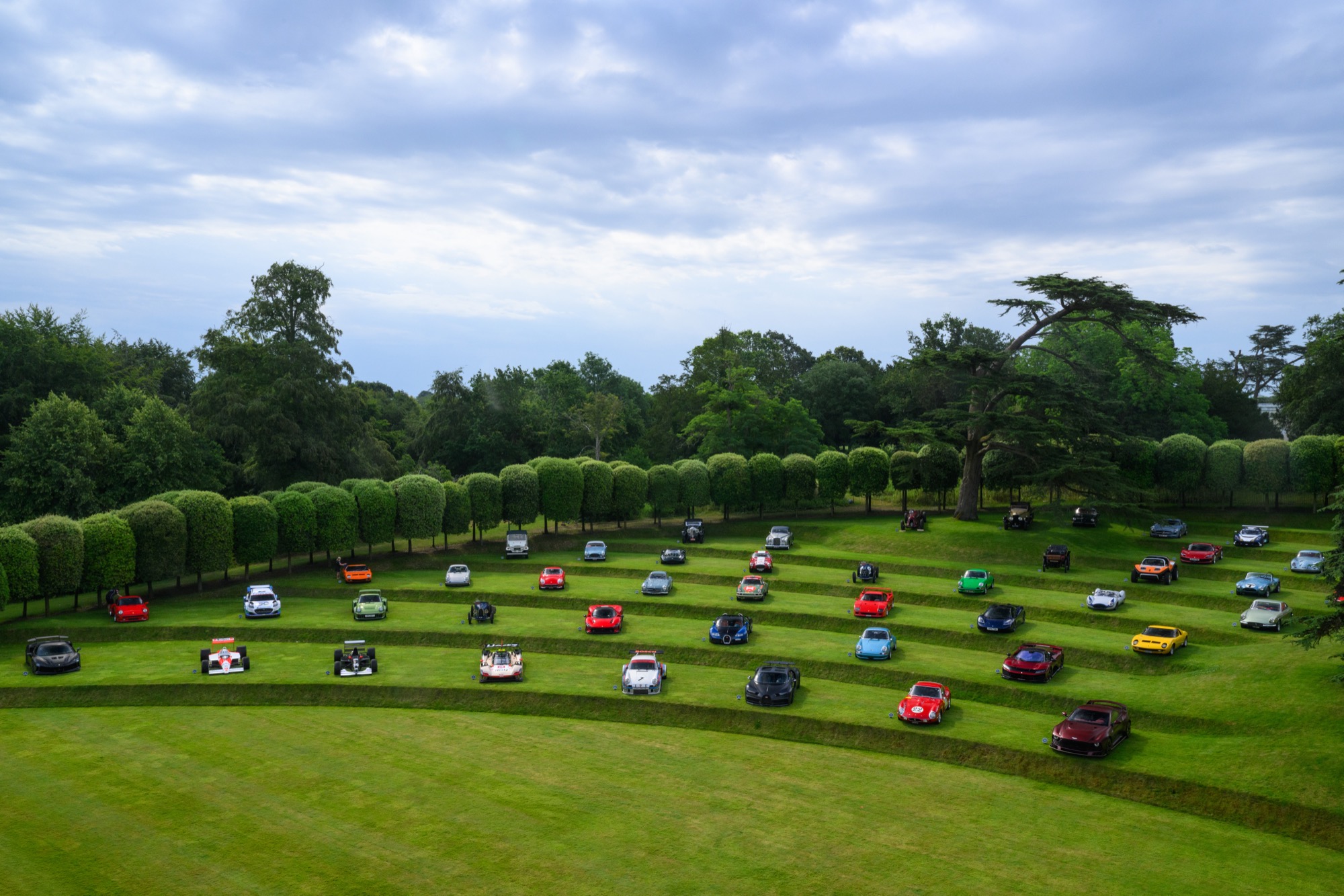 The tiered parterre garden, showing the gracefully lined up cars