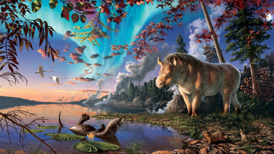 Artist's impression of a newfound extinct rhino species in its habitat. We see a hornless rhino starting by a river and a seal floating in the water.