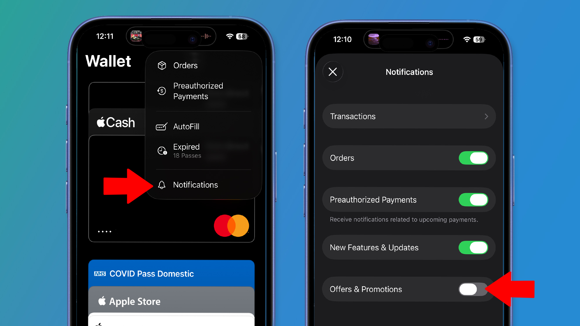 Two iPhones on a green and blue background showing the Apple Wallet app