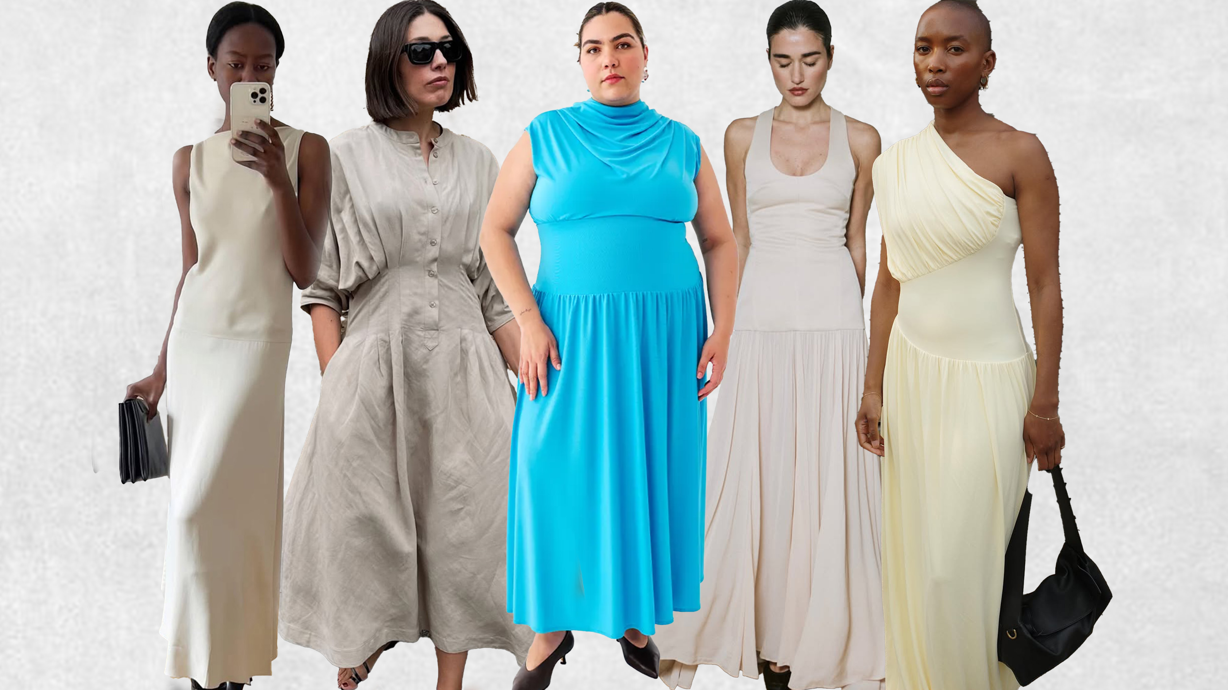 A collage of women wearing different dress trends of 2025.