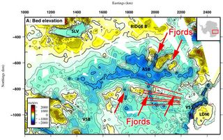This new topographic map of a portion of the East Antarctic Ice Sheet revealed several giant fjords carved by the advancing and reatreating ice sheet between 34 and 14 million years ago.