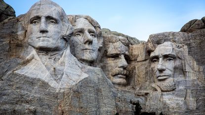The faces of Presidents George Washington, Thomas Jefferson, Theodore Roosevelt and Abraham Lincoln are carved into granite face of Mount Rushmore in Keystone, South Dakota