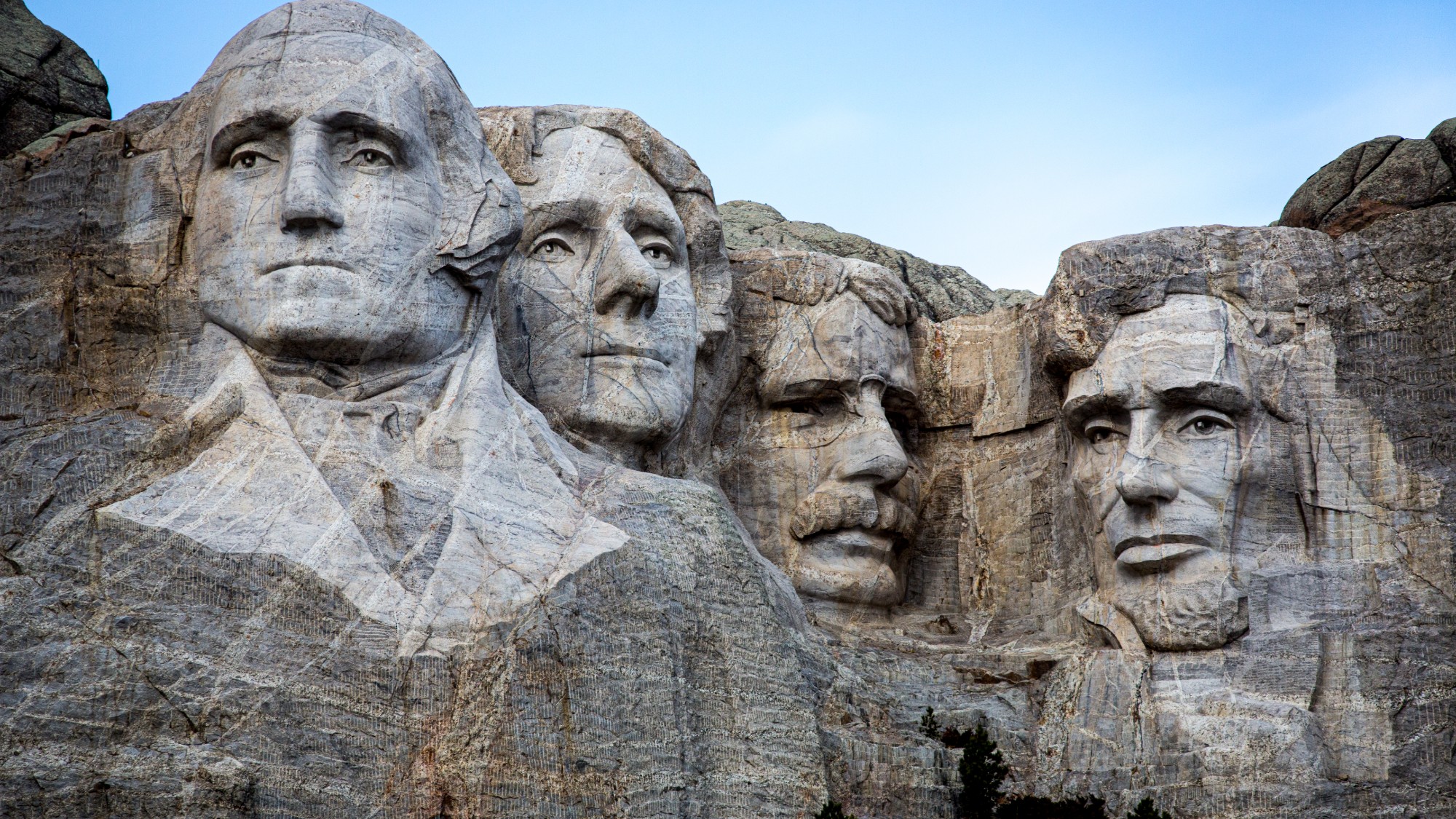 The faces of Presidents George Washington, Thomas Jefferson, Theodore Roosevelt and Abraham Lincoln are carved into granite face of Mount Rushmore in Keystone, South Dakota