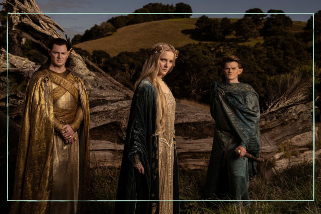 Benjamin Walker (High King Gil-galad), Morfydd Clark (Galadriel), Robert Aramayo (Elrond) in The Rings of Power