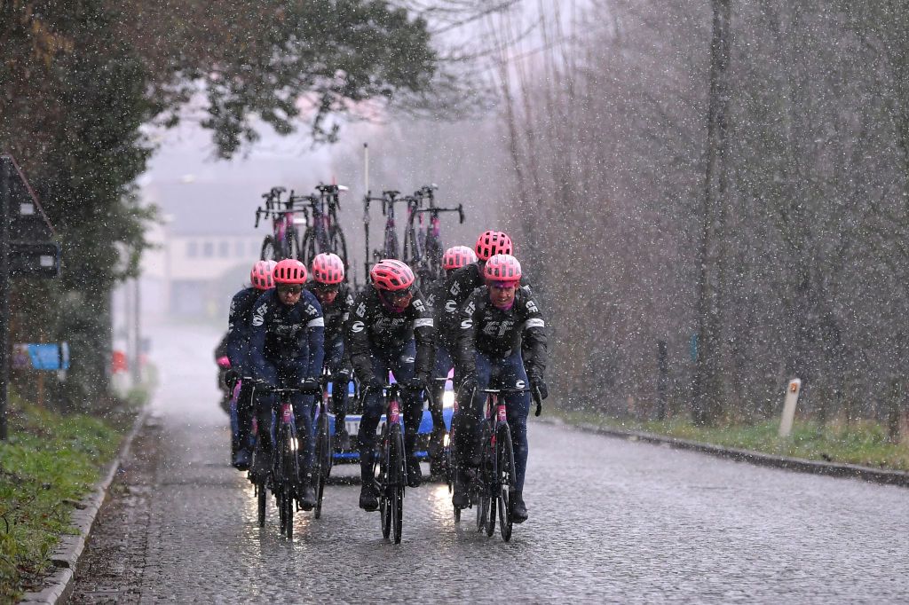 OUDENAARDE BELGIUM FEBRUARY 27 Sep Vanmarcke of Belgium and Team EF Education First Jonas Rutsch of Germany and Team EF Education First Kristoffer Halvorsen of Norway and Team EF Education First Julius Van Den Berg of The Netherlands and Team EF Education First Logan Owen of The United States and Team EF Education First Thomas Scully of The New Zealand and Team EF Education First Jens Keukeleire of Belgium and Team EF Education First Snow Cobblestones during the 75th Omloop Het Nieuwsblad 2020 Team EF Pro Cycling recon route OHN2020 OHN20 efprocycling on February 27 2020 in Oudenaarde Belgium Photo by Luc ClaessenGetty Images
