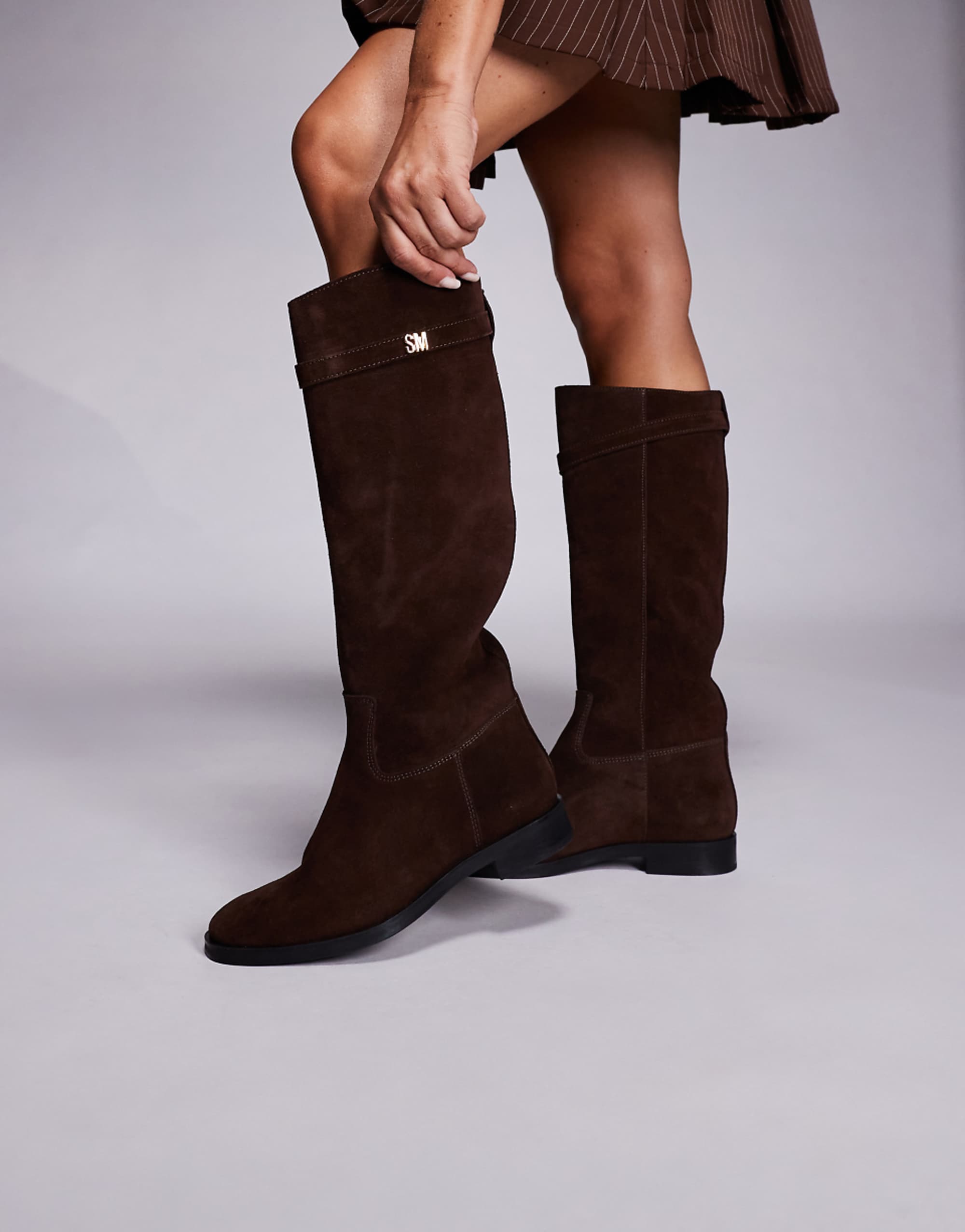 Steve Madden Novi Dk Buckle Detail Riding Boot in Suede Chocolate