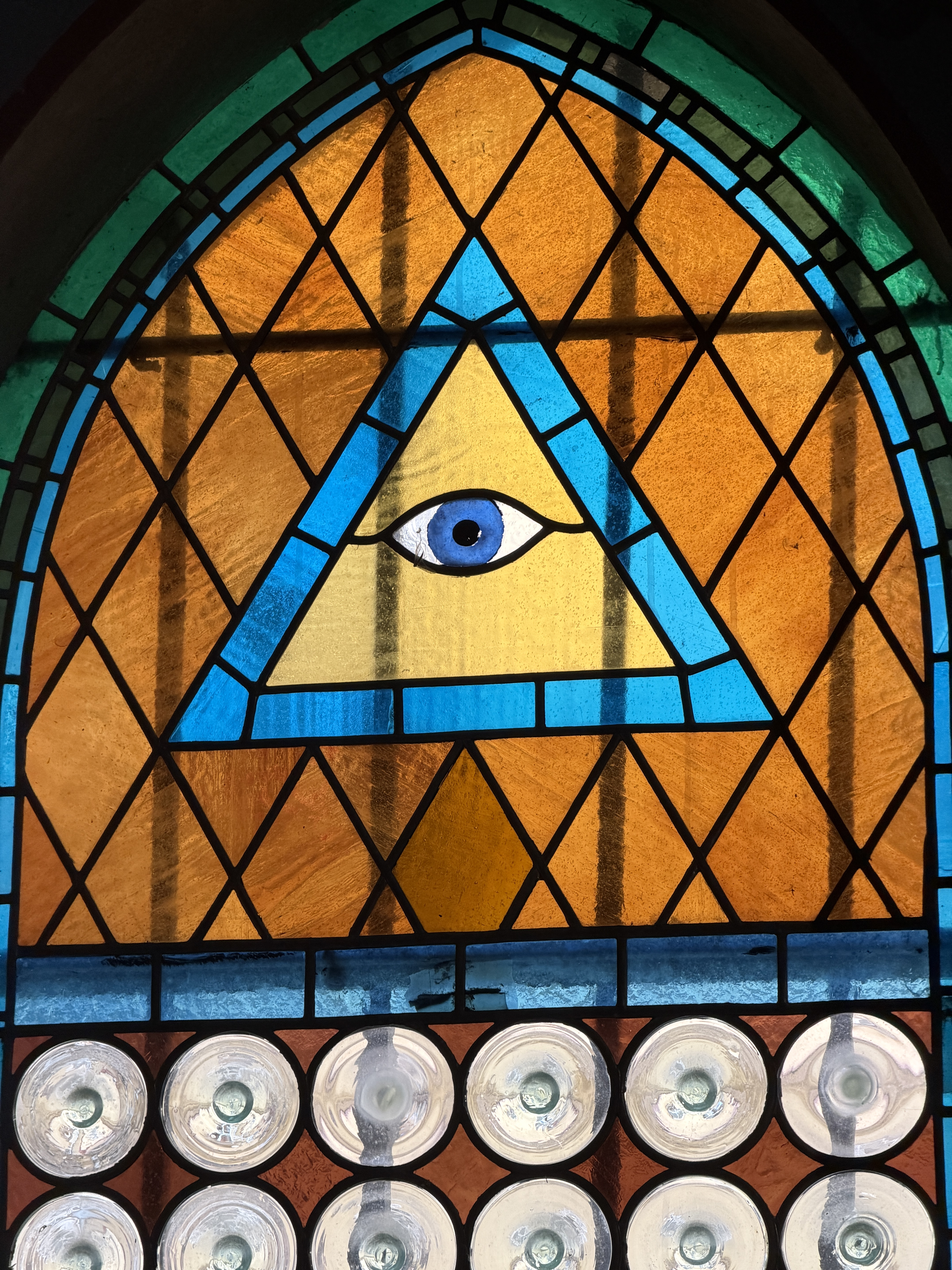 A stained glass window in a church