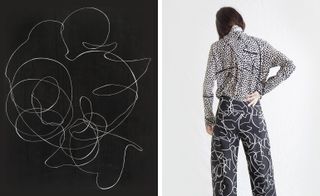 Two images, Left- Linear artwork, Black with white lines, Right-Model wearing bold prints embodying loose tailored shirt and trousers