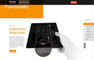This site for Sony Tablet is a long scroll page with vertically distributed blocks of content