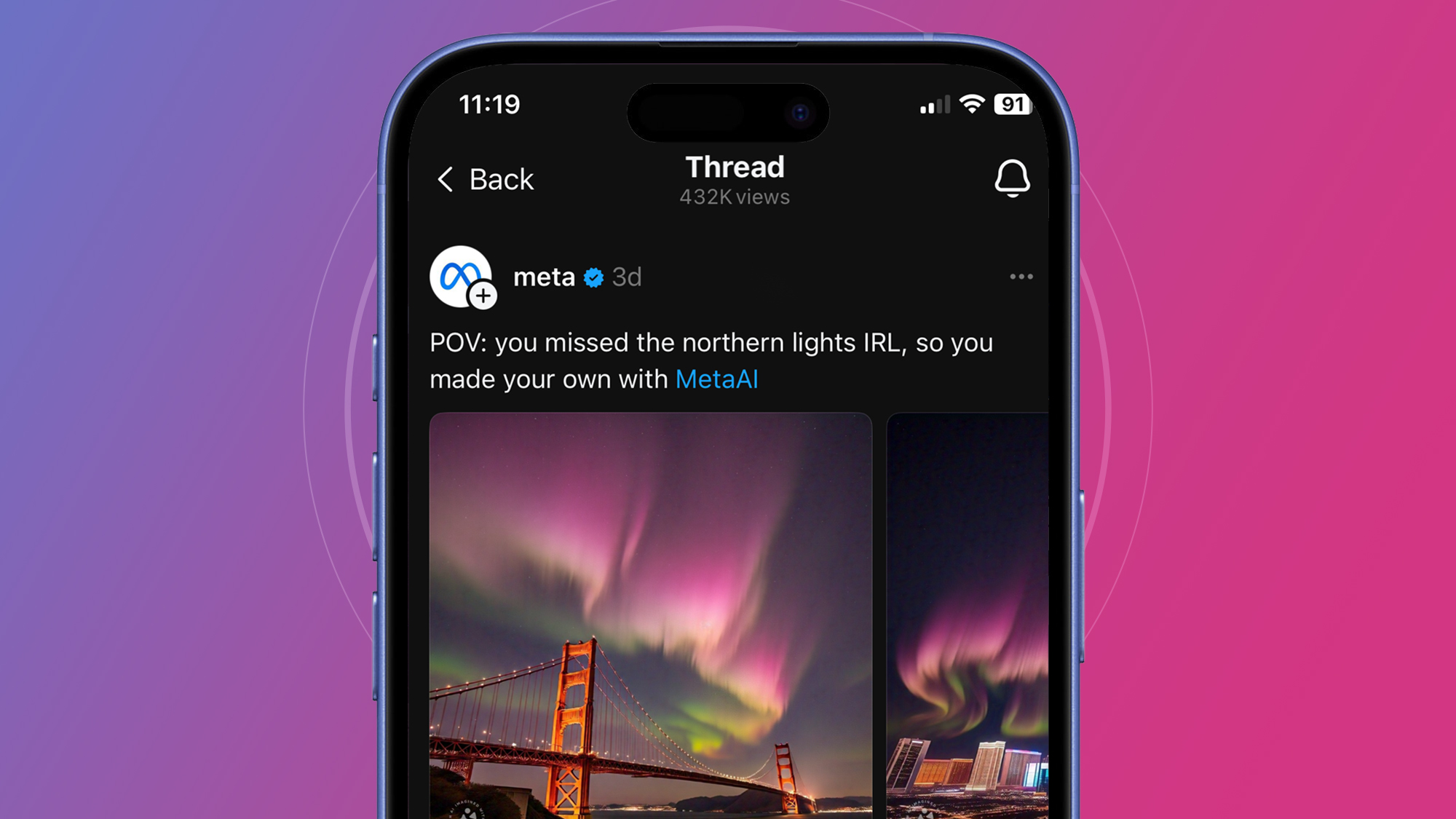 A cell phone on a crimson and pink background showing a Meta post on Threads about AI photos of the northern lights