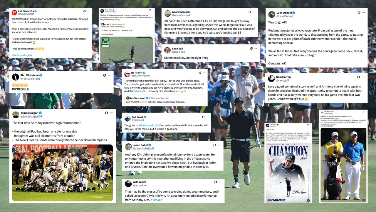 Main image of Anthony Kim walking down the 18th fairway at LIV Golf Adelaide with a huge crowd behind him and multiple screenshots of people reacting to the win on social media