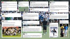 Main image of Anthony Kim walking down the 18th fairway at LIV Golf Adelaide with a huge crowd behind him and multiple screenshots of people reacting to the win on social media