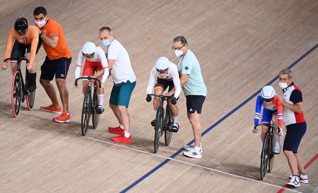 From R Frances Coralie Demay Germanys Emma Hinze Polands Urszula Los and Netherlands Shanne Braspennincx prepare to compete in a heat of the womens track cycling keirin repechages during the Tokyo 2020 Olympic Games at Izu Velodrome in Izu Japan on August 4 2021 Photo by Peter PARKS AFP Photo by PETER PARKSAFP via Getty Images