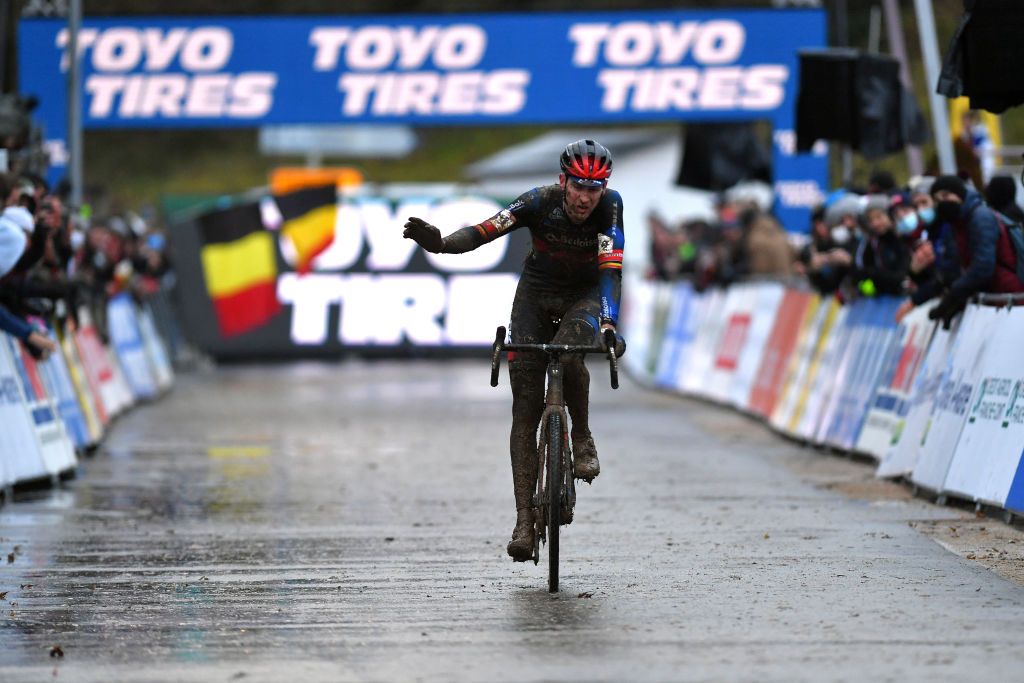 BESANCON FRANCE NOVEMBER 28 Toon Aerts of Belgium and Team Baloise Trek Lions crosses the finishing line in second place during the 6th Besanon UCI CycloCross Worldcup 2021 Mens Elite CXWorldCup UCIcyclocrossWC on November 28 2021 in Besancon France Photo by Luc ClaessenGetty Images