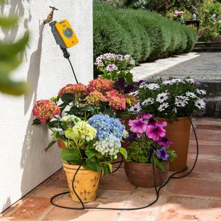 Hozelock Watering Kit with Select Timer watering plants in flower pots on patio