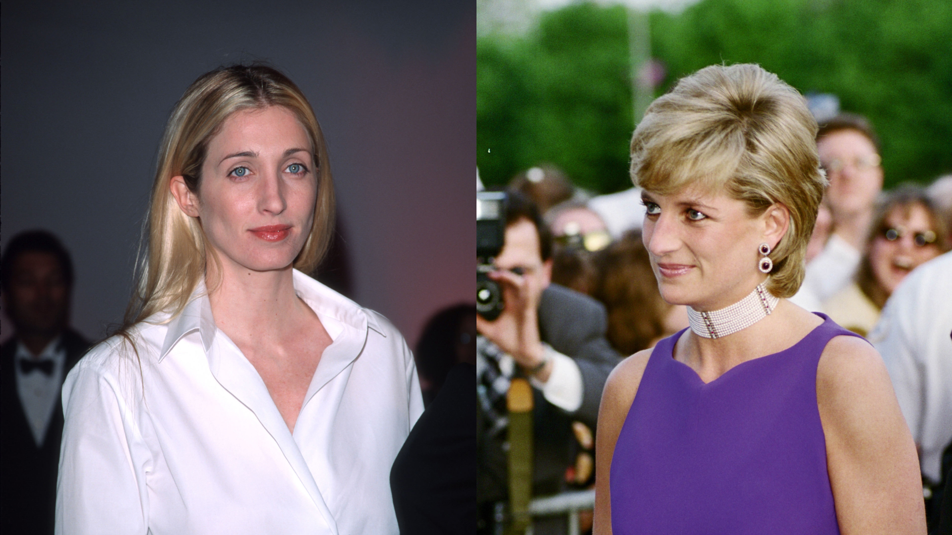 Carolyn Bessette Kennedy in a white shirt; Princess Diana wearing a purple dress surrounded by photographers