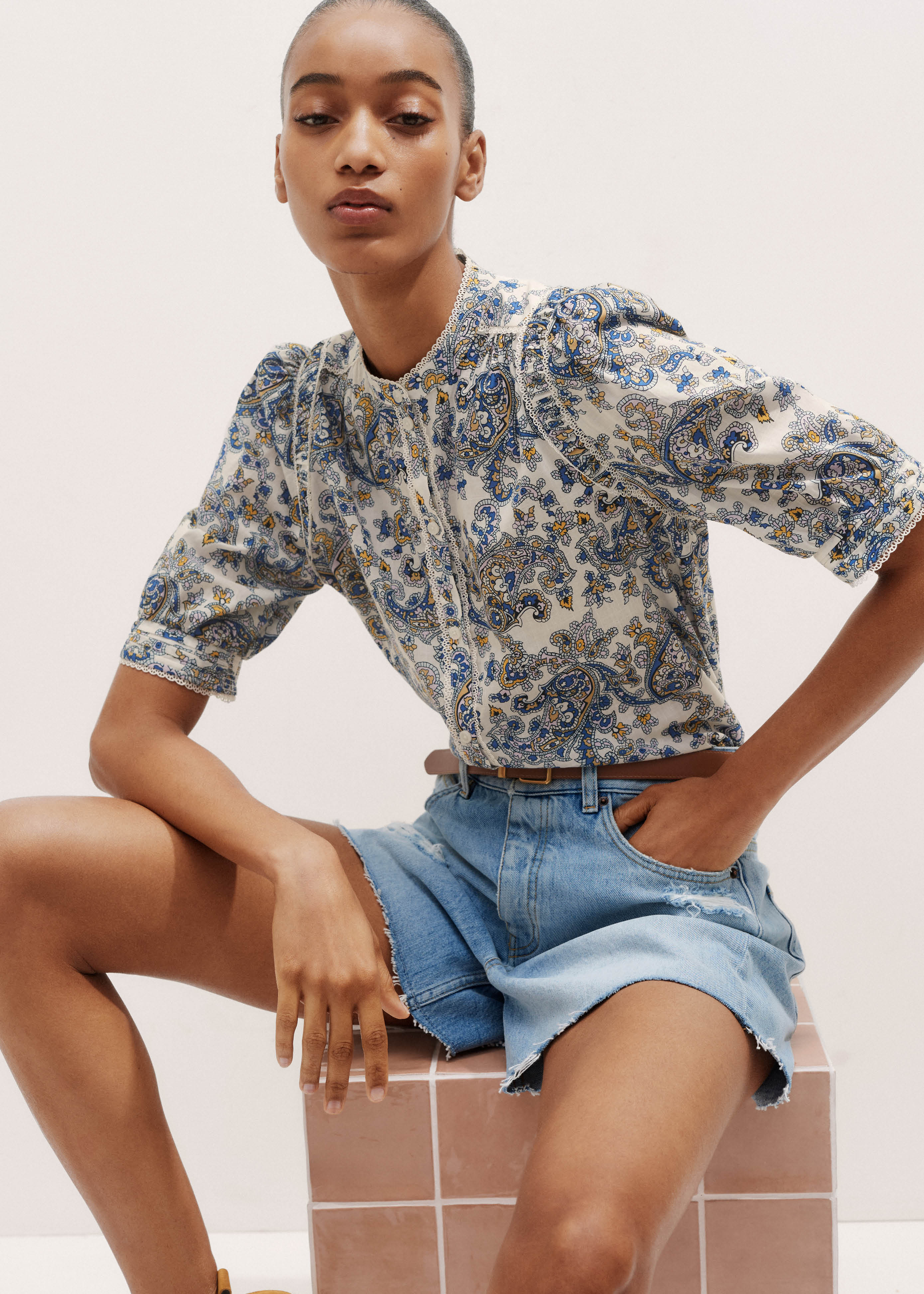 Cotton Geo Paisley Print Blouse