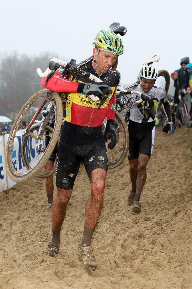 Belgian champion Sven Nys leads world champion Niels Albert in the sand.
