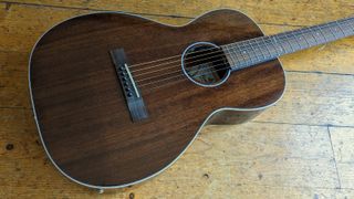 Solid mahogany top of the Ferndale P3-E Parlor