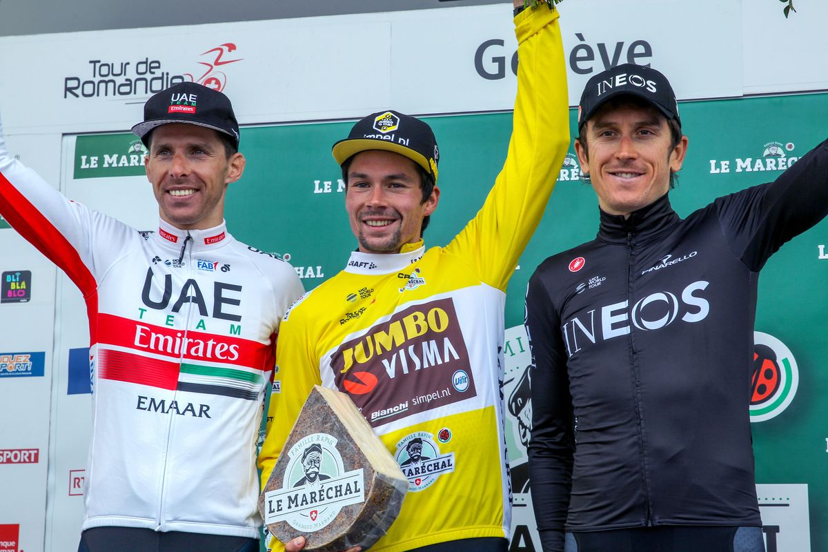 The final podium &ndash; Costa, Roglic, Thomas (L-R)