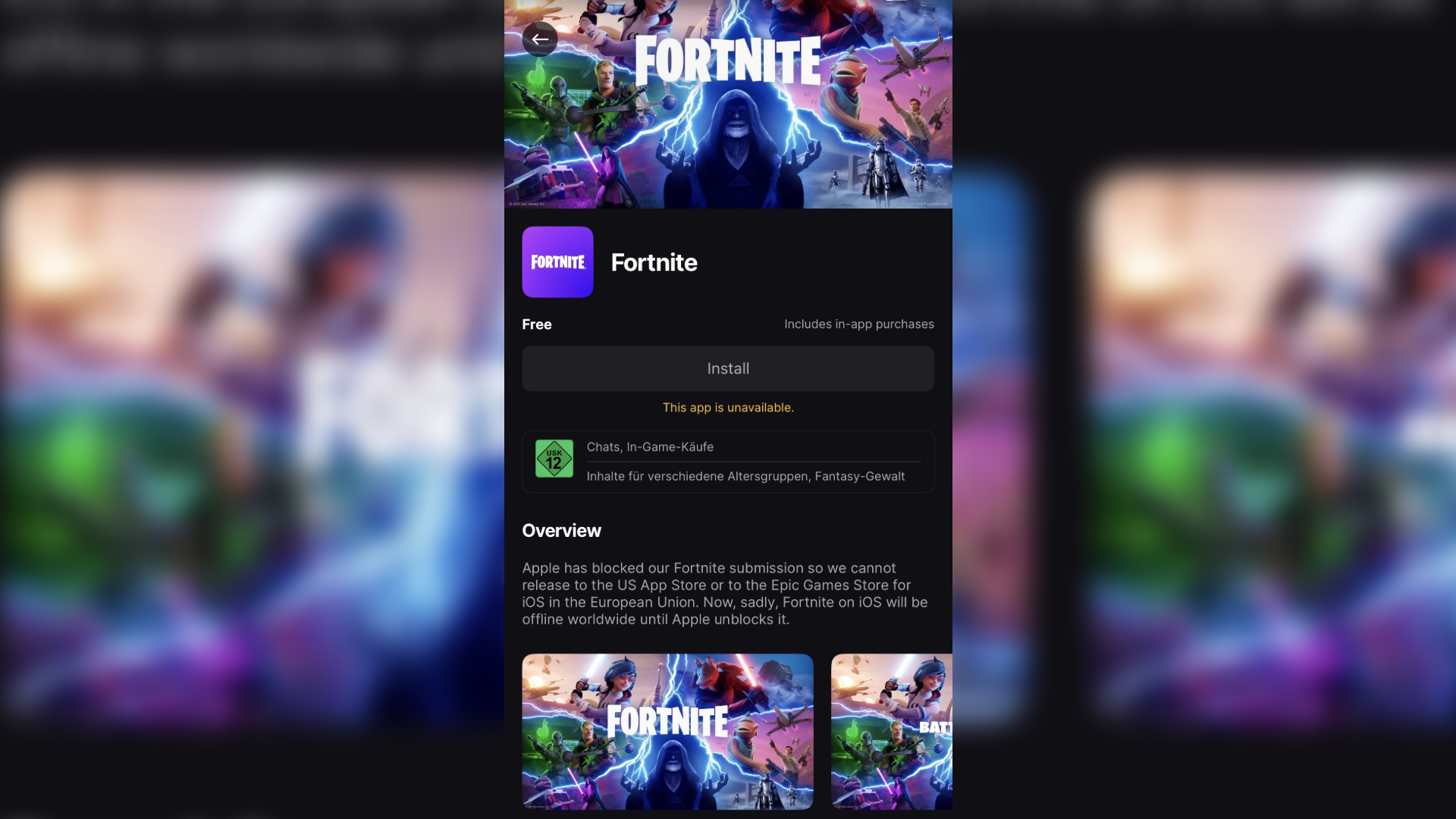 Fortnite being unavailable via the Epic Games Store mobile launcher in the European Union.