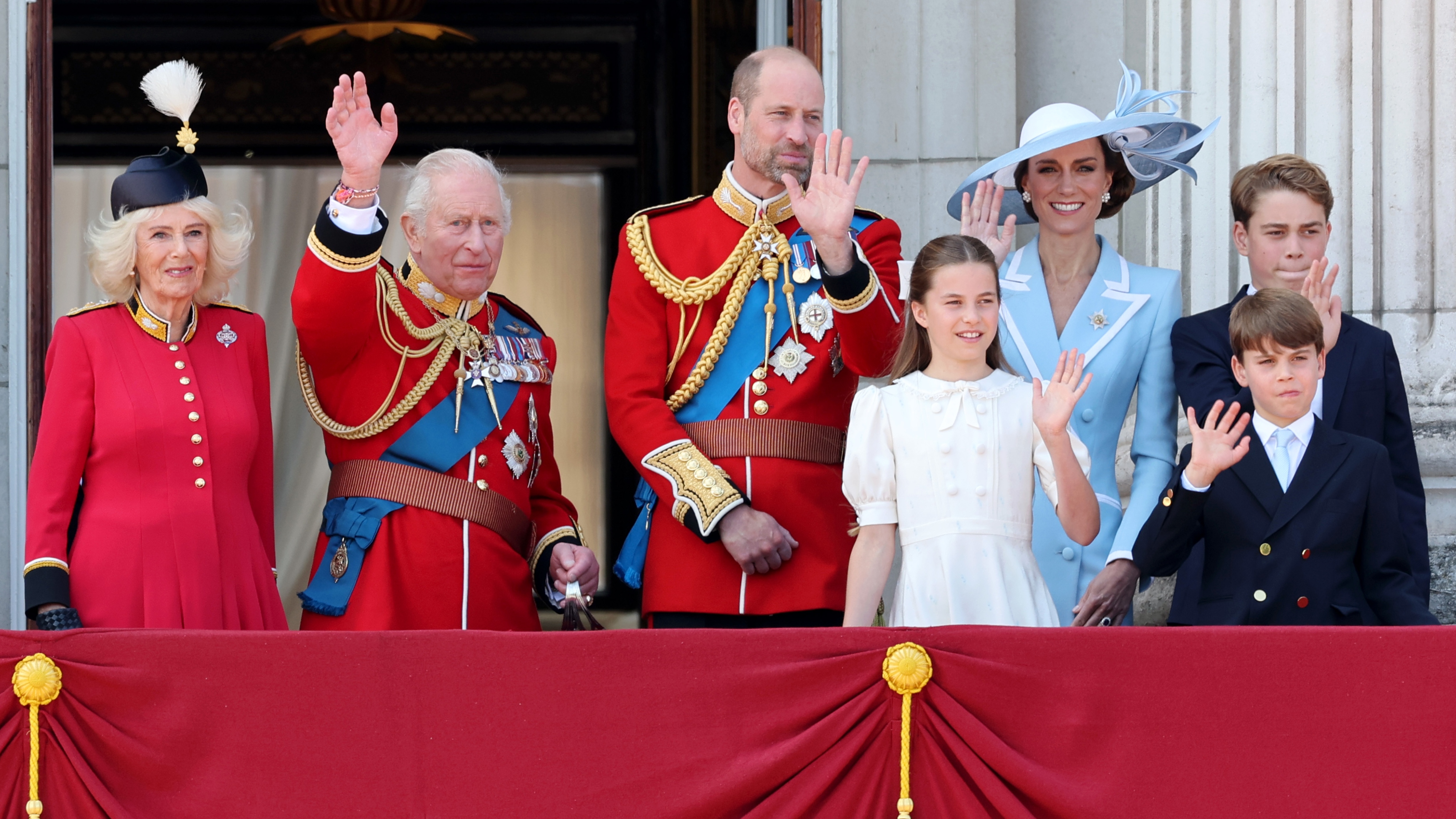 Queen Camilla, King Charles, Prince William, Princess Charlotte, Catherine, Princess of Wales, Prince George and Prince Louis wave from the balcony of Buckingham Palace on June 13, 2026