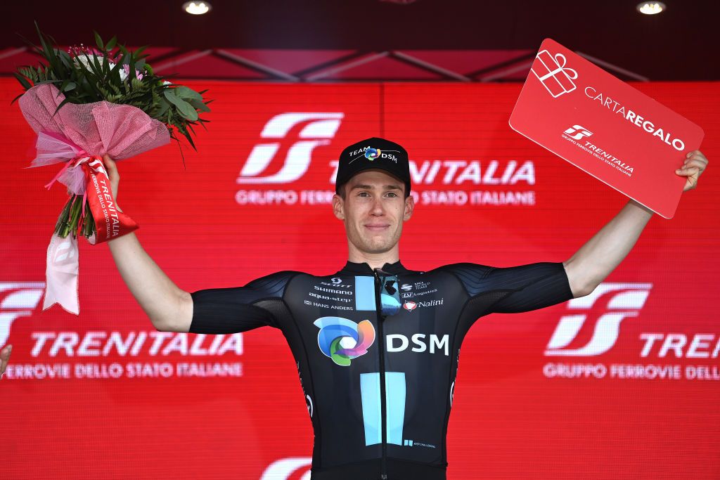 CAORLE ITALY MAY 24 Alberto Dainese of Italy and Team DSM celebrates at podium as stage winner during the the 106th Giro dItalia 2023 Stage 17 a 197km stage from Pergine Valsugana to Caorle UCIWT on May 24 2023 in Caorle Italy Photo by Tim de WaeleGetty Images
