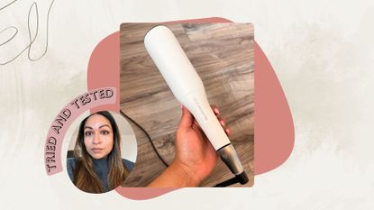 Aleesha holding the Ghd Chronos Max hair straightener with a headshot in the corner showing her straight hair and a badge reading 'tried and tested'