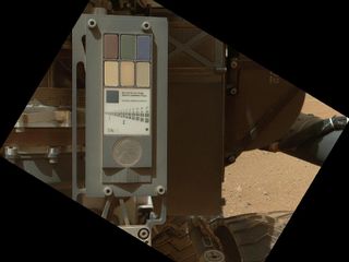 This view of the calibration target for the Mars Hand Lens Imager (MAHLI) aboard NASA's Mars rover Curiosity combines two images taken by that camera during the 34th Martian day, or sol, of Curiosity's work on Mars. This image was taken Sept. 9, 2012.