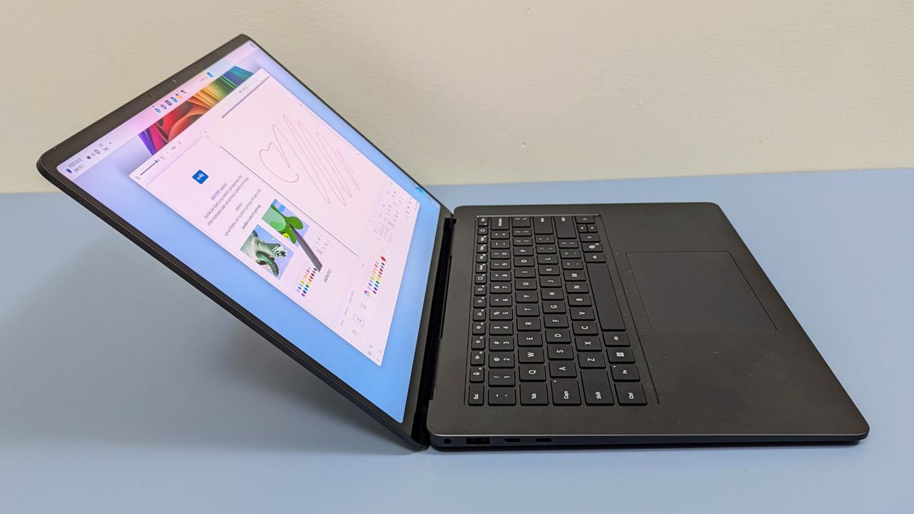 Microsoft Surface Laptop 7 15 screen leaned back as far as possible &ndash; around 45 degrees. Viewed from left hand side.