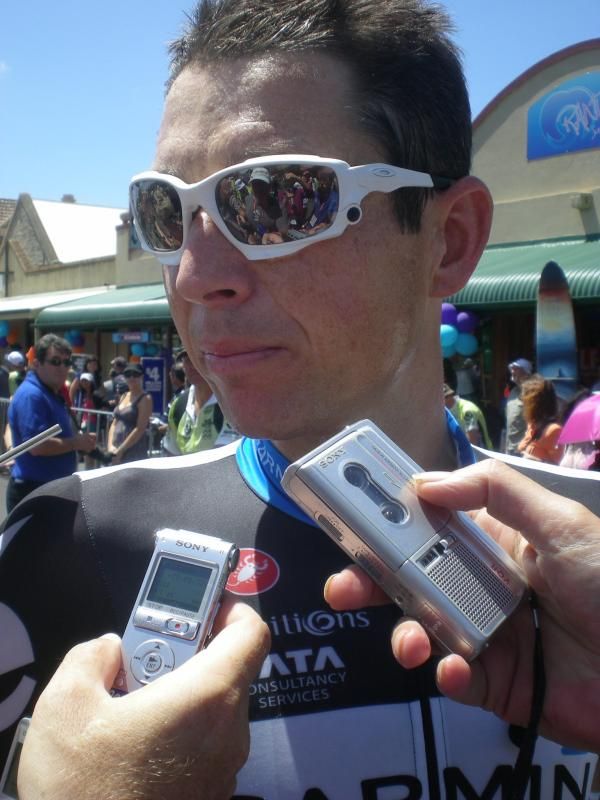 Matt Wilson (Garmin-Cerv&eacute;lo) gives interviews at the start of the Tour Down Under stage 4
