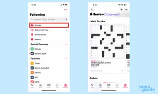 how to find crosword puzzles in iOS 17 news select puzzles in following tab