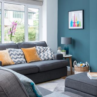 living room with grey sofa set