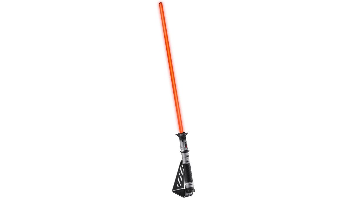 A Star Wars Black Series Force FX Lightsaber Baylen Skoll, illuminated, on a white background.
