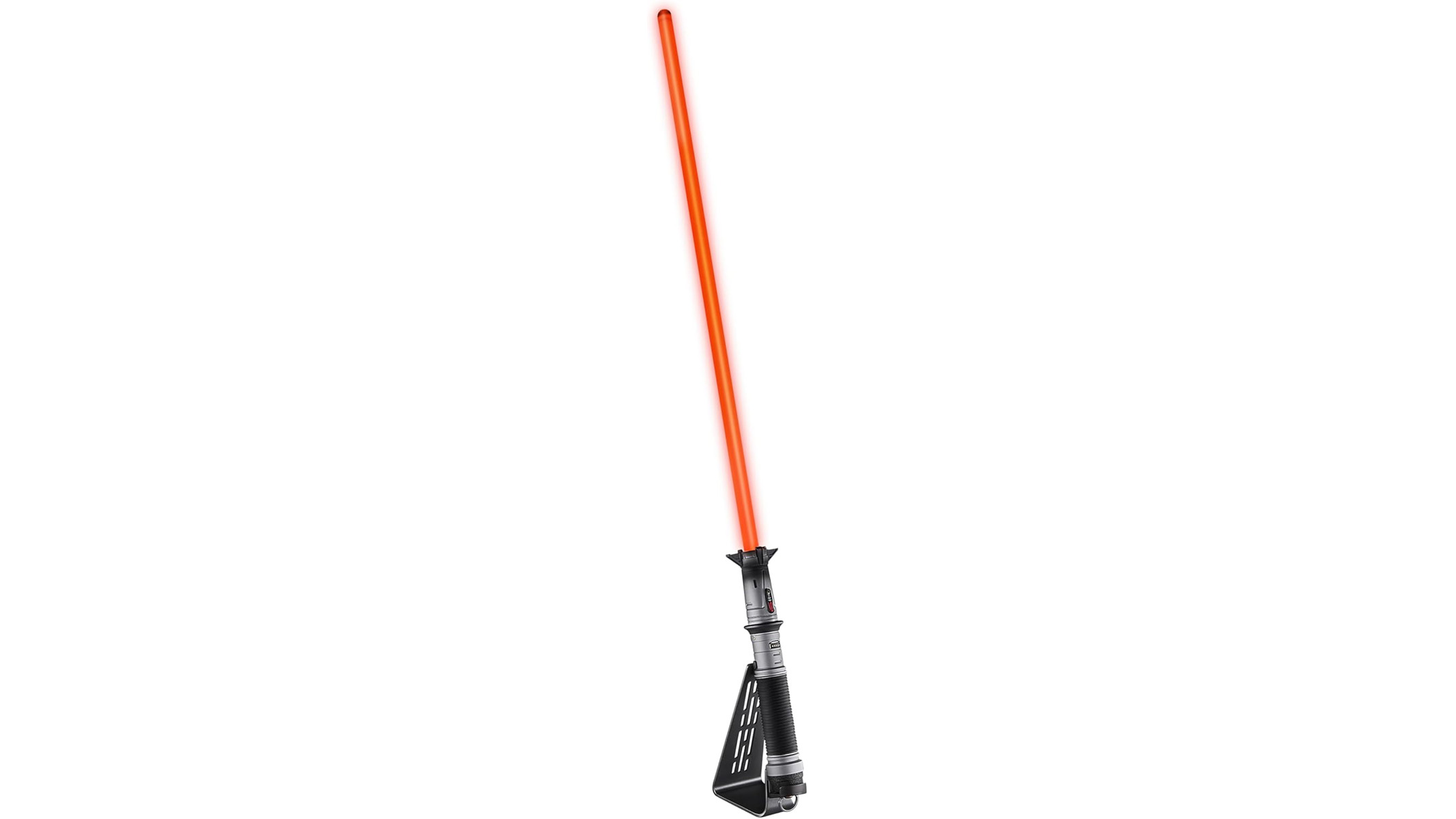 A Star Wars Black Series Force FX Lightsaber Baylen Skoll, illuminated, on a white background. 