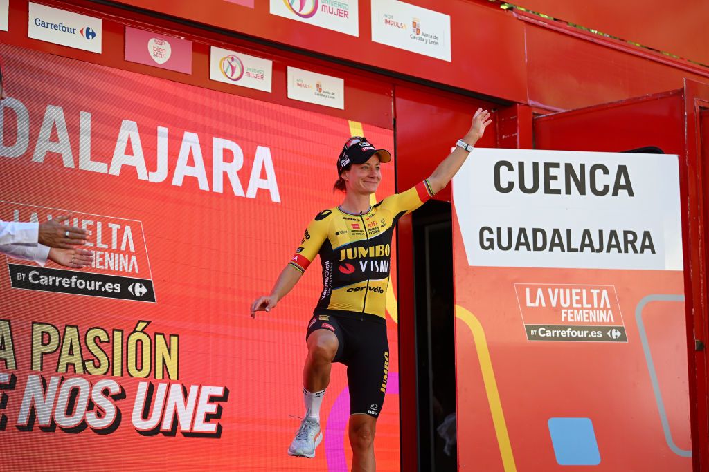 GUADALAJARA SPAIN MAY 04 Marianne Vos of The Netherlands and Team JumboVisma celebrates at podium as stage winner during the 9th La Vuelta Femenina 2023 Stage 4 a 1331km stage from Cuenca to Guadalajara UCIWWT on May 04 2023 in Guadalajara Spain Photo by Dario BelingheriGetty Images