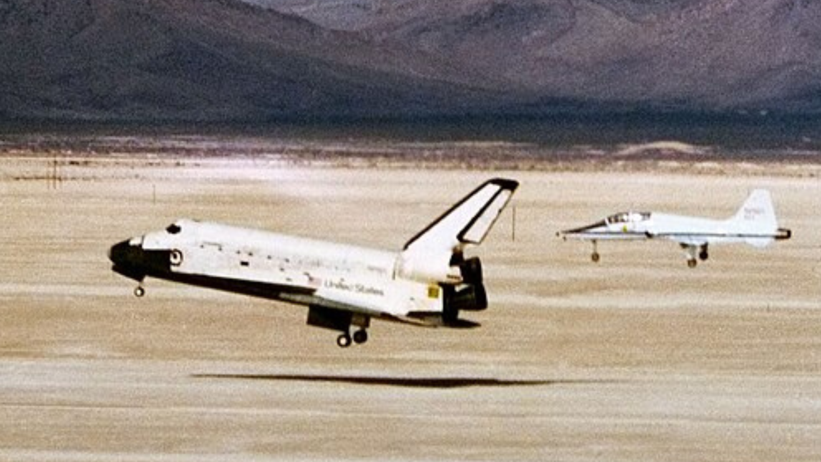 The Space Shuttle Columbia touching down at Northrop Strip, White Sands, New Mexico on March 30, 1982