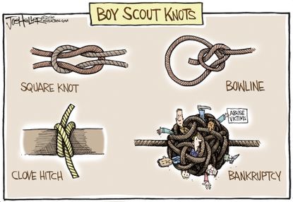 Editorial Cartoon U.S. Boy Scouts of America Roger Mosby bankruptcy abuse victims knots