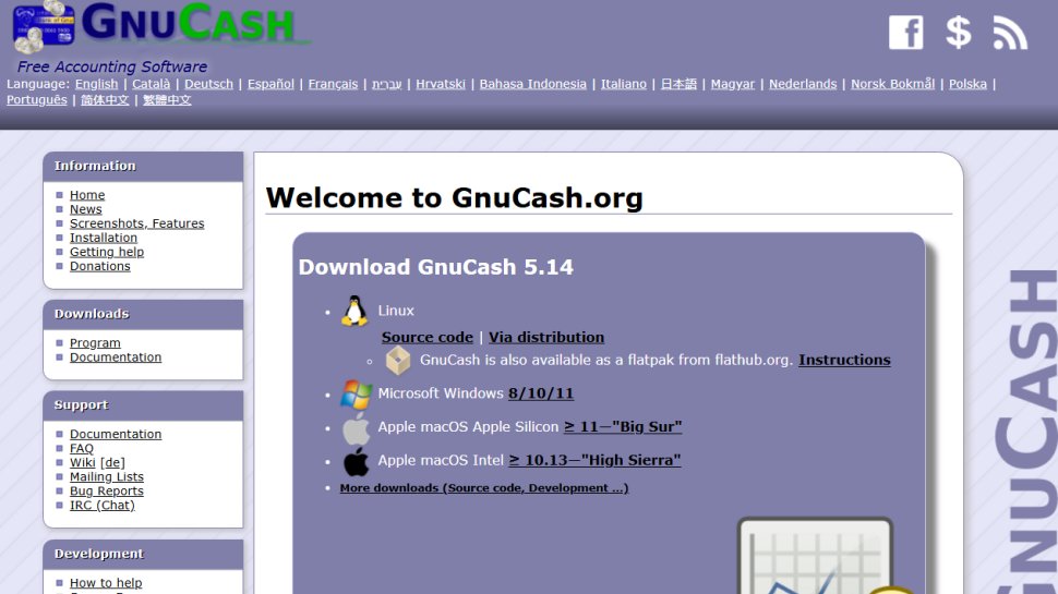Website screenshot of GnuCash (January, 2026)