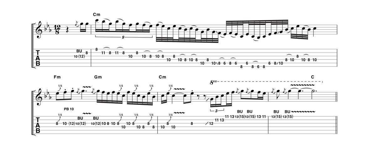 For this example, try the bridge pickup. There's a little more distortion, but this is just because the picking attack is harder. The first bar features more of the 'stretched' timing. As long as you get to the final C on the last beat of the last bar, the rest is negotiable. This doesn't mean be sloppy, just play with soul!