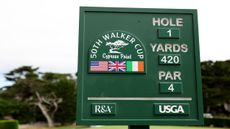 A tee marker at the 2025 Walker Cup at Cyprus Point