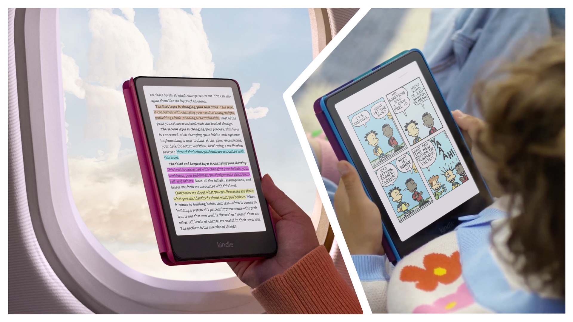 Two images sliced together of the Kindle Colorsoft, one on a plane and one being read by a child 