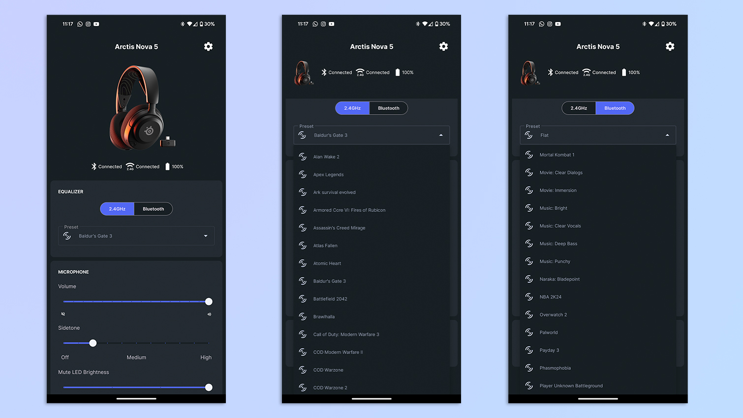 Um conjunto de capturas de tela mostrando o aplicativo complementar Arctis Nova 5 no Google Pixel 7 Pro