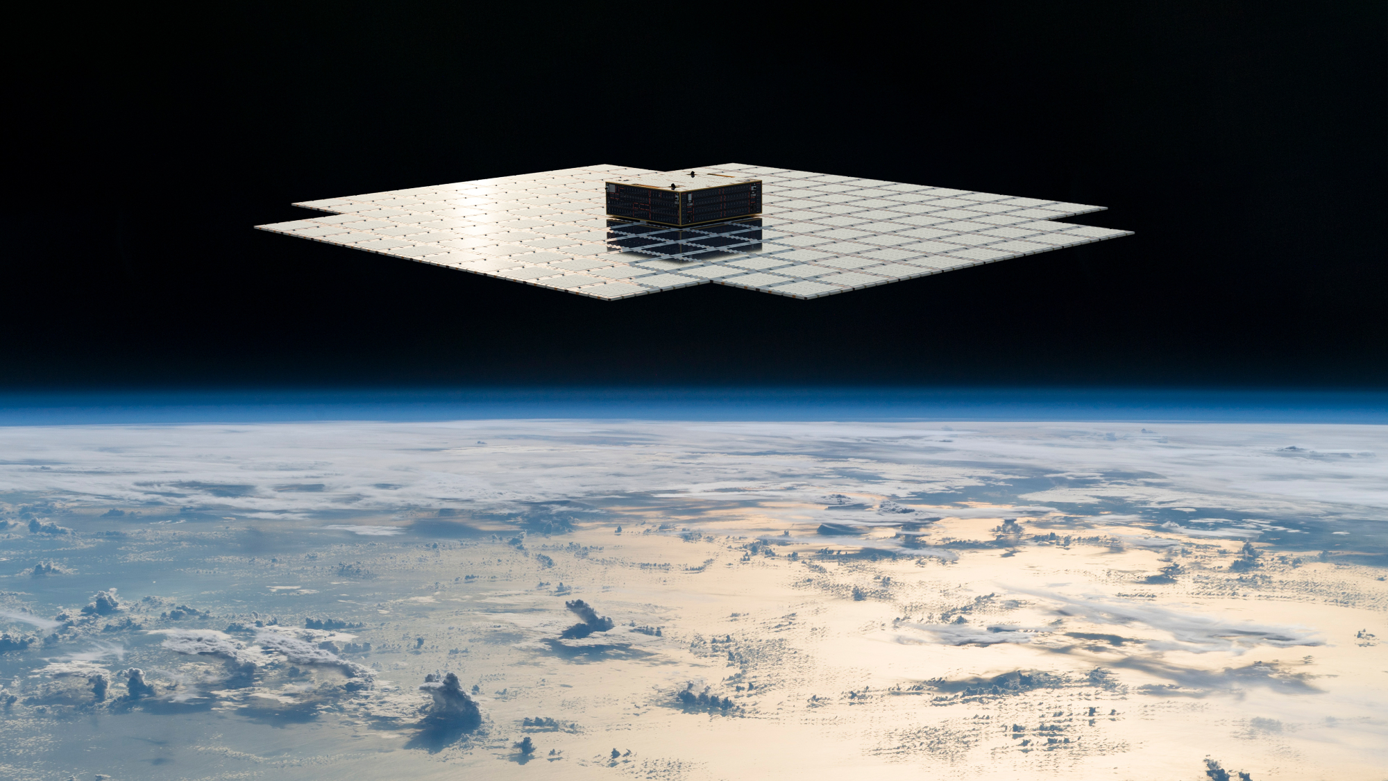 An artist's impression of a giant AST SpaceMobile BlueBird mobile broadband satellite for smartphone connectivity.