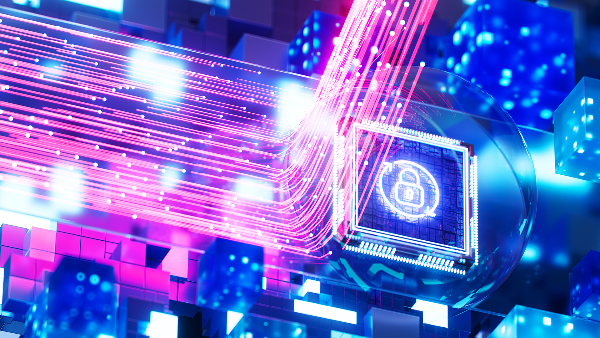 Agentic AI cyber crime concept image showing digital system with padlock symbol with glowing data flow passing through.